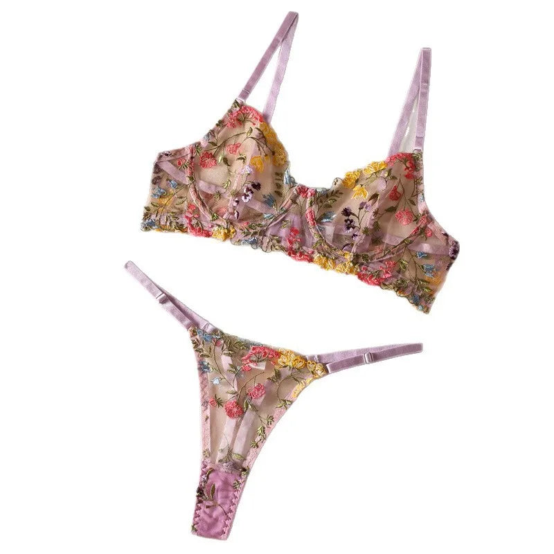 Vibrant Orange Sheer Mesh and Floral Embroidered Underwire Lingerie Set