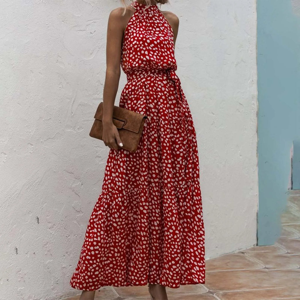 Halter Neck Polka Dot Maxi Dress with Sleeveless A-Line Silhouette