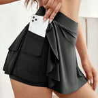 High Waist Athletic Skort with Pleated Wrap Panel and Hidden Shorts