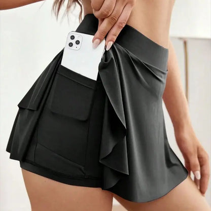 High Waist Athletic Skort with Pleated Wrap Panel and Hidden Shorts