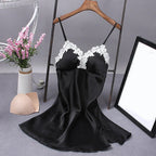 Elegant White Satin-Finish Slip Dress with Lace Appliqué and Removable Pads