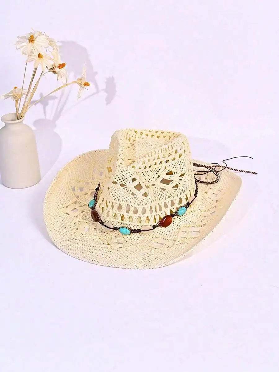 Hollow Woven Straw Cowboy Hat with Decorative Beaded Band for Outdoor Summer Adventures