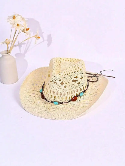 Hollow Woven Straw Cowboy Hat with Decorative Beaded Band for Outdoor Summer Adventures
