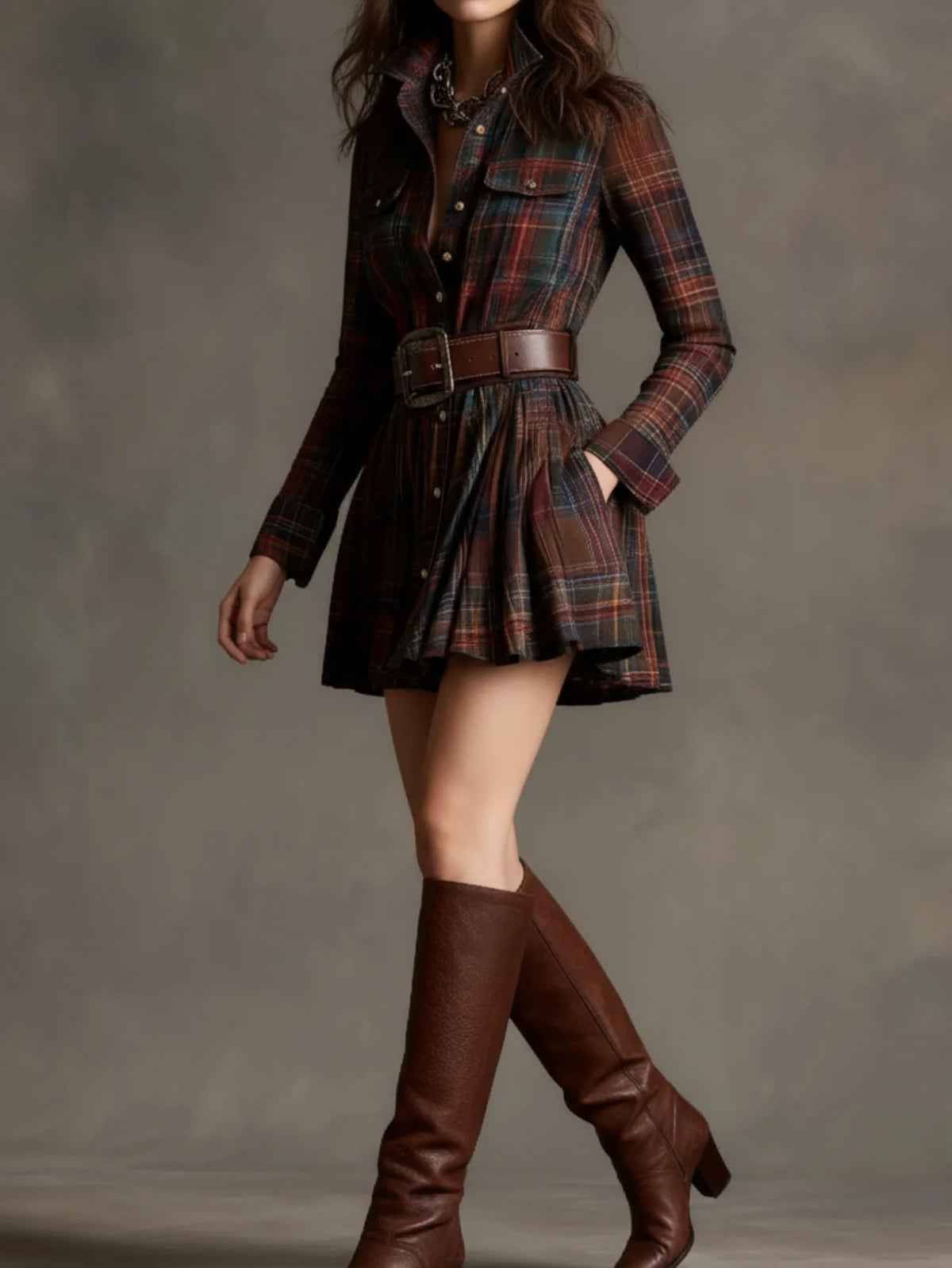 Classic Brown Plaid Long-Sleeve Shirt Dress with Pleated Mini Skirt