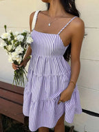 Striped Camisole Tiered Mini Dress With Square Neck And Flowy A-Line Fit