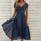 V-Neck Lace Detail Chiffon Maxi Dress with Short Sleeves and A-Line Fit