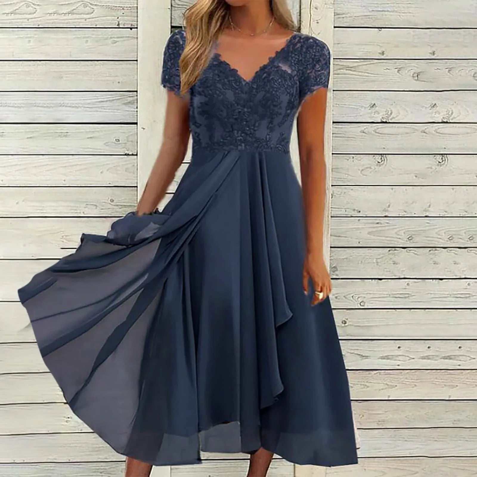 V-Neck Lace Detail Chiffon Maxi Dress with Short Sleeves and A-Line Fit