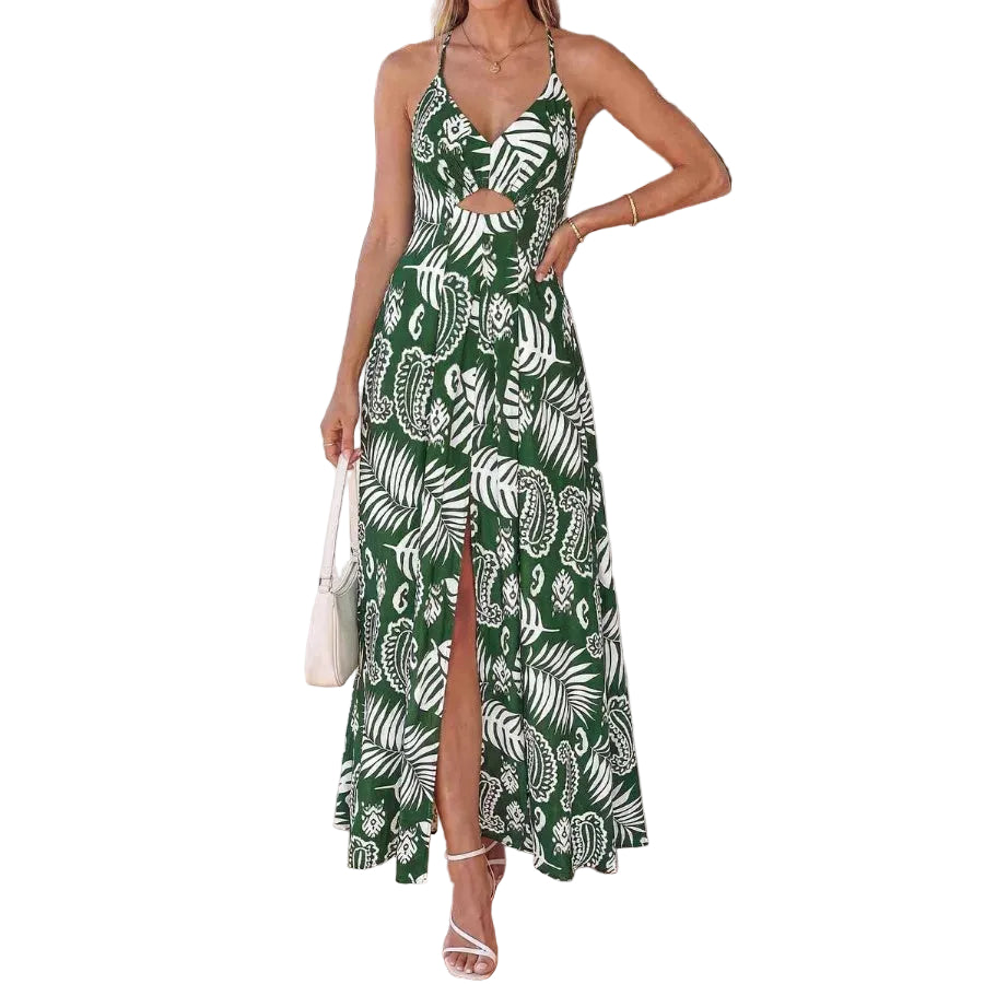 Floral Print Maxi Dress with Smocked Bodice and Open Back Detail