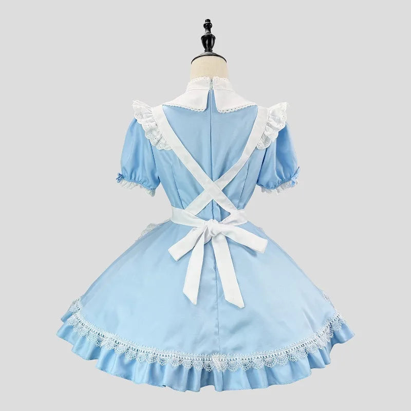 Sky Blue and White Alice-Inspired Maid Dress with Ruffled Apron and Matching Headband