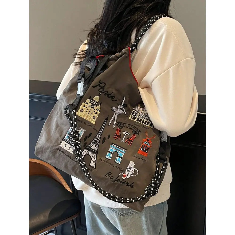 Graphic Embroidered Utility Tote Bag with Large Capacity Carry Design