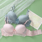 Soft Ribbed Wire-Free Push-Up Bra and Panty Set with Ruffled Trim