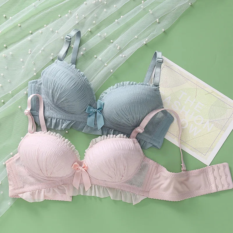 Soft Ribbed Wire-Free Push-Up Bra and Panty Set with Ruffled Trim