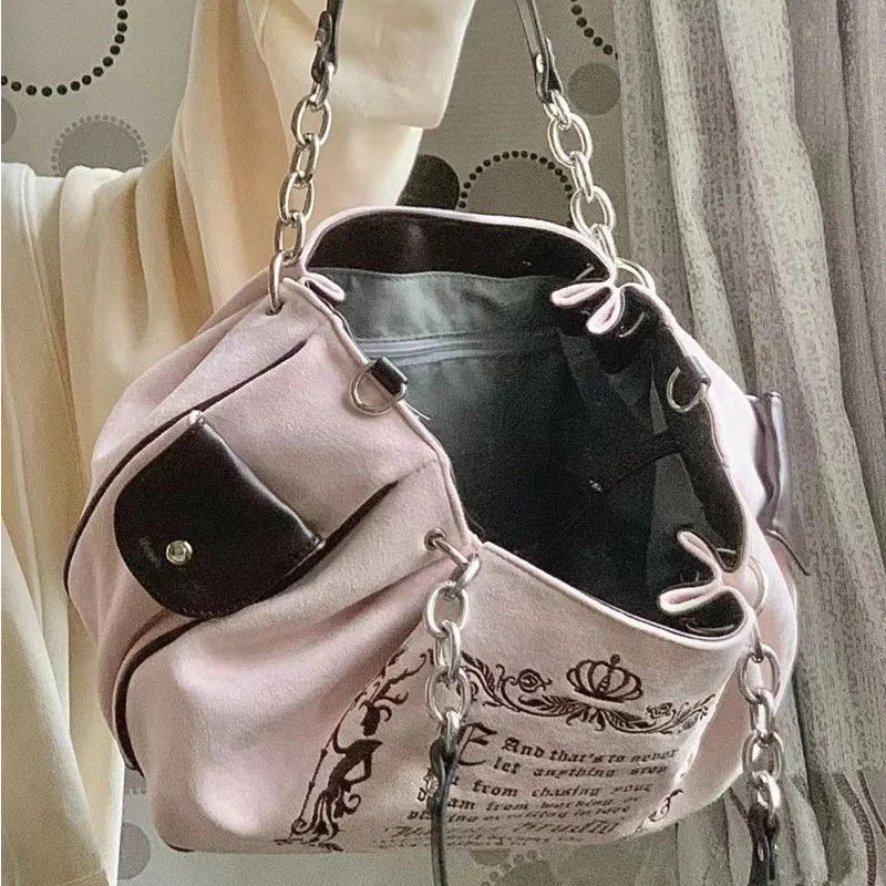 Vintage Inspired Graphic Tote Bag with Chain Accents Large Capacity Design