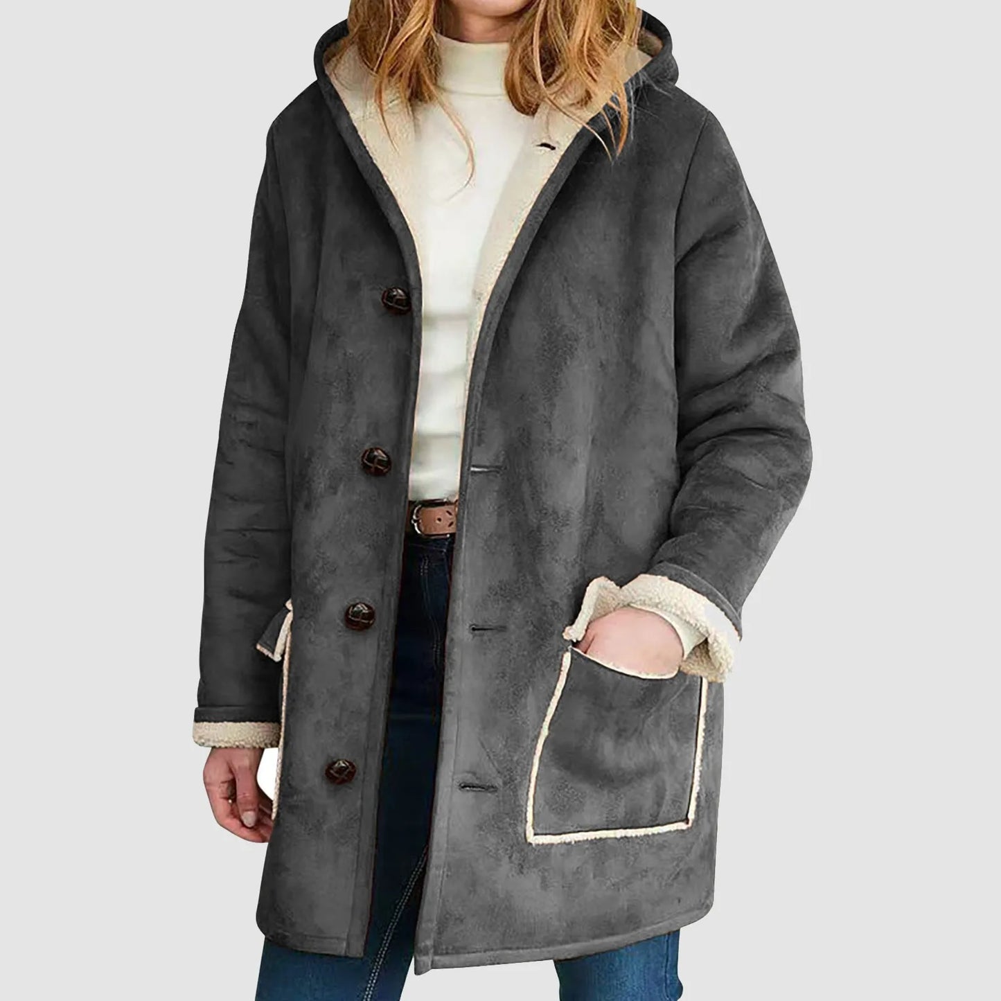 Women's Faux Suede Sherpa Lined Hooded Jacket Casual Winter Button Front Outerwear