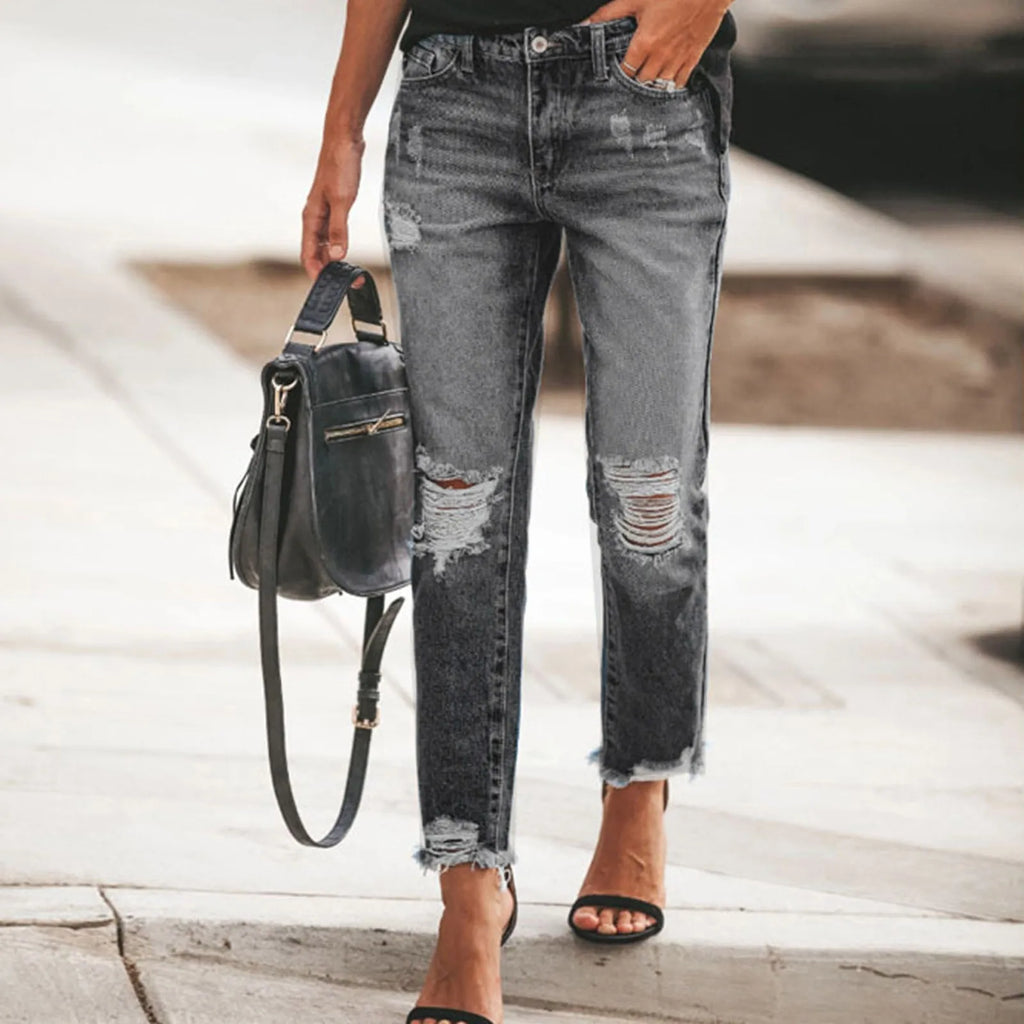 Women's Distressed Slim Straight Denim Jeans with Frayed Knee Details and Casual Streetwear Style