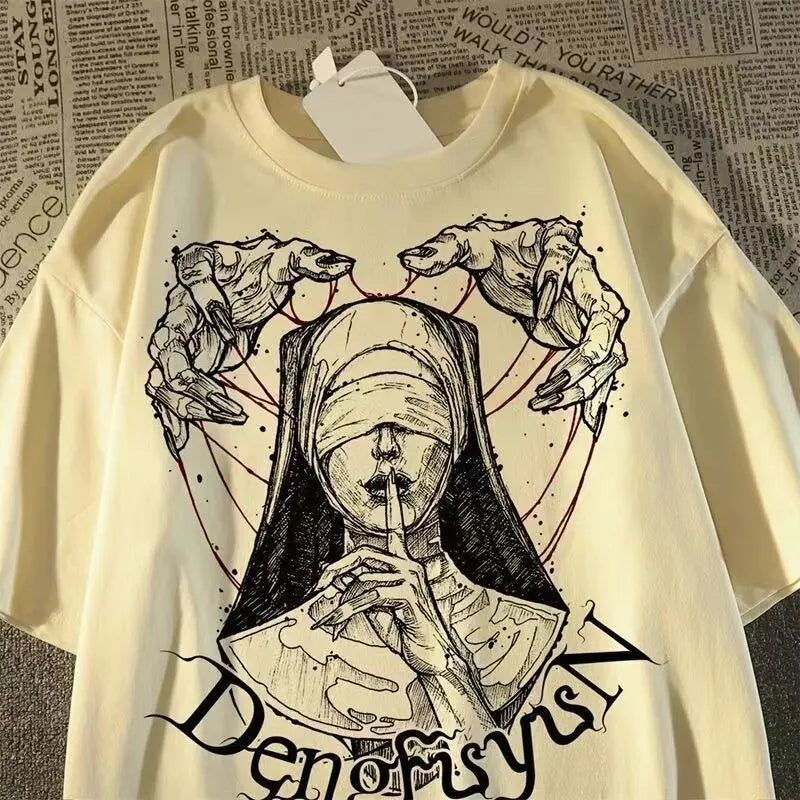 Oversized Vintage Figure Graphic Cotton T-Shirt with Gothic Streetwear Artwork