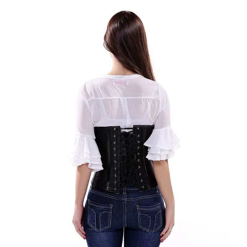 High-Shine Black Faux Leather Underbust Corset with Zipper and Buckles