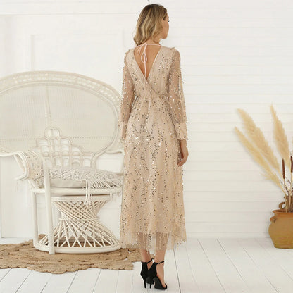 Deep V Neck Tassel Detail Maxi Dress with Elegant Long Sleeves