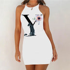 White Sleeveless Mini Nightgown with Bold Black Letter and Graphic Print, Slim Silhouette and Above-Knee Length