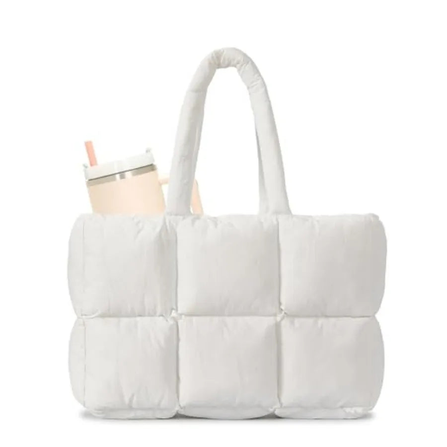 Large Quilted Puffer Tote Shoulder Bag with Utility Storage Compartments