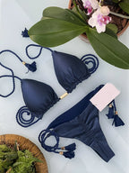 Soft Periwinkle Triangle Bikini Set with Two-Tone Twisted Rope and Tassel Details