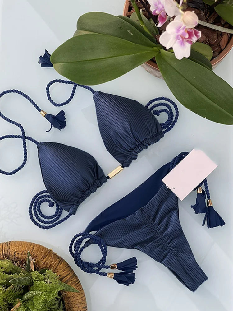Soft Periwinkle Triangle Bikini Set with Two-Tone Twisted Rope and Tassel Details
