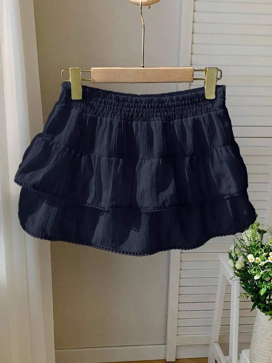 Tiered Ruffle Mini Skirt with Lace Hem Lightweight A-Line Design