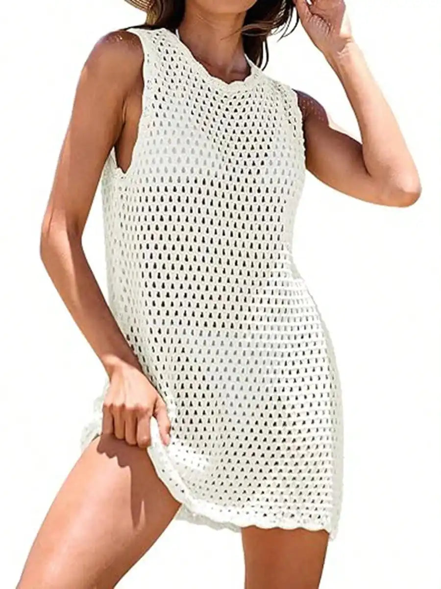 Black Crochet Backless Beach Cover-Up Dress with Hollow-Out Knit Design, Sleeveless Silhouette and Mini Length