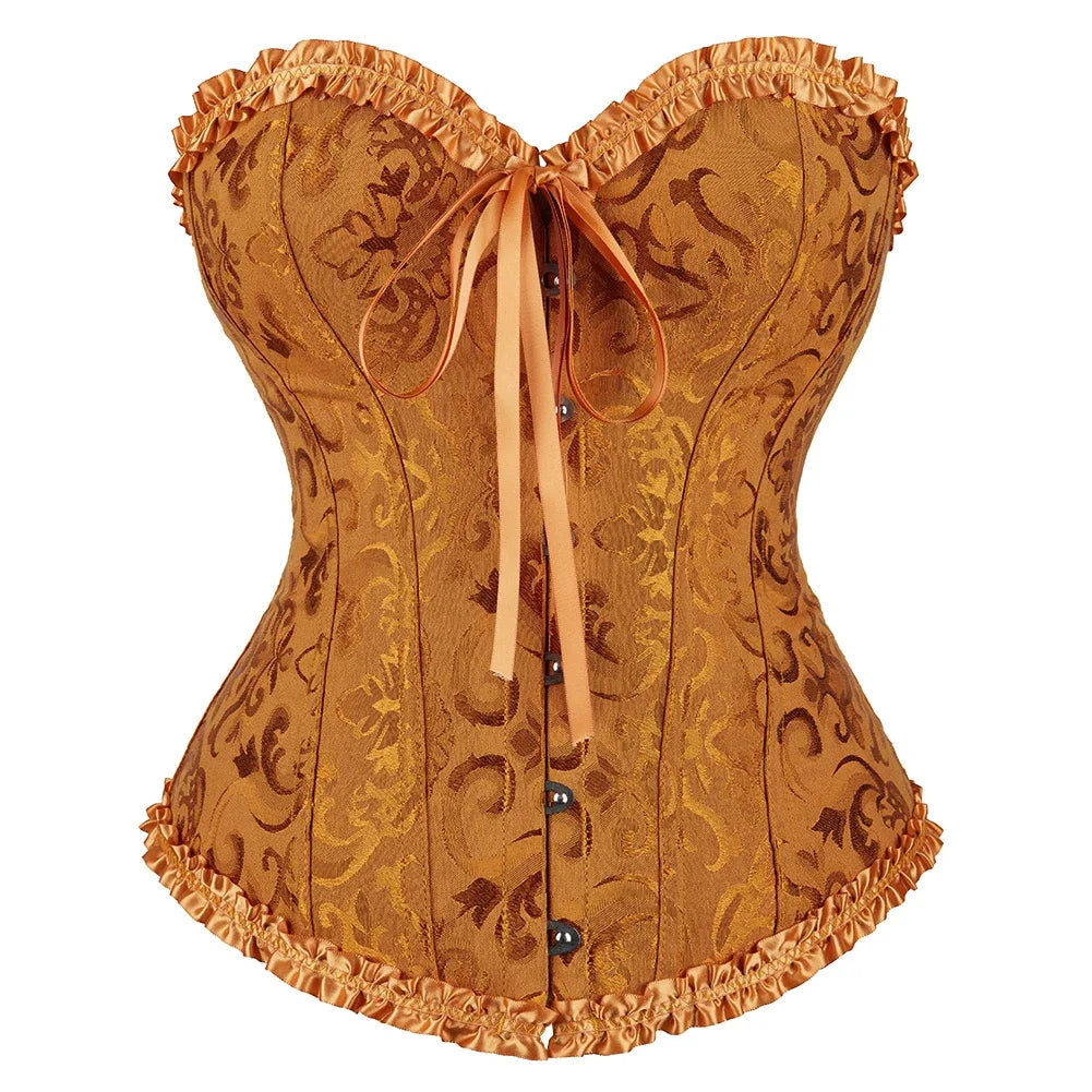 Floral Jacquard Overbust Corset with Sweetheart Neckline and Busk Closure