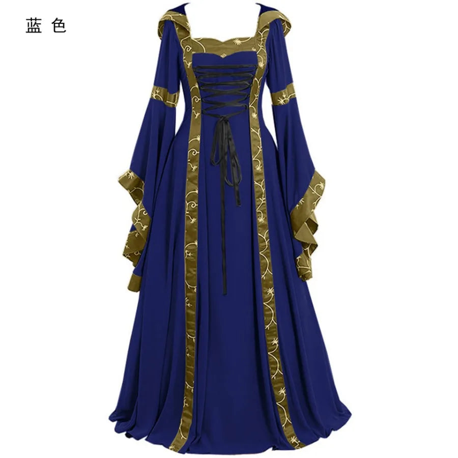 Victorian Gothic Lace-Up Renaissance Maxi Dress with Dramatic Flowing Sleeves