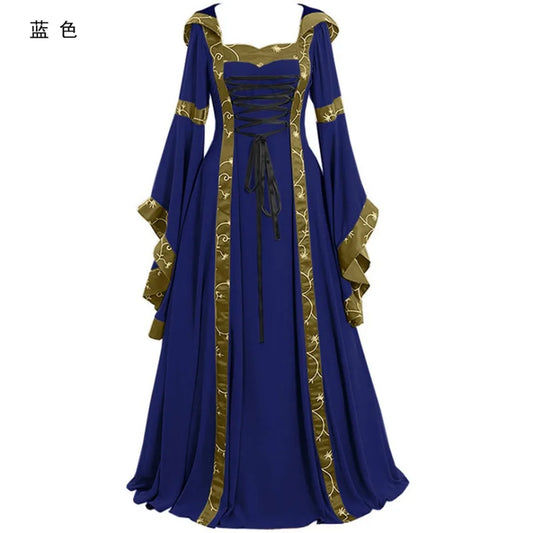 Victorian Gothic Lace-Up Renaissance Maxi Dress with Dramatic Flowing Sleeves