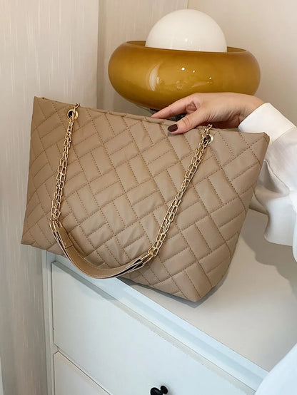 Dual Handle Canvas Tote Shoulder Bag with Chain Accent Detail