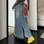 High Waist Straight Denim Maxi Skirt with Front Slit Contemporary Streetwear Style