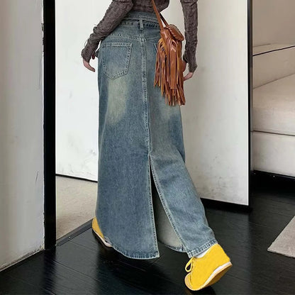 High Waist Straight Denim Maxi Skirt with Front Slit Contemporary Streetwear Style