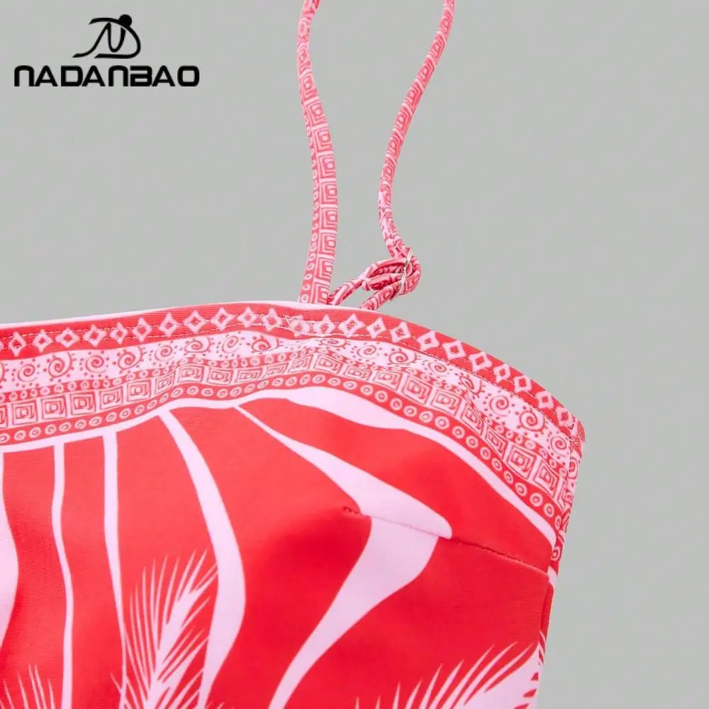 Vibrant Red Tropical Print Swimsuit and Matching Cover-Up Shorts Set