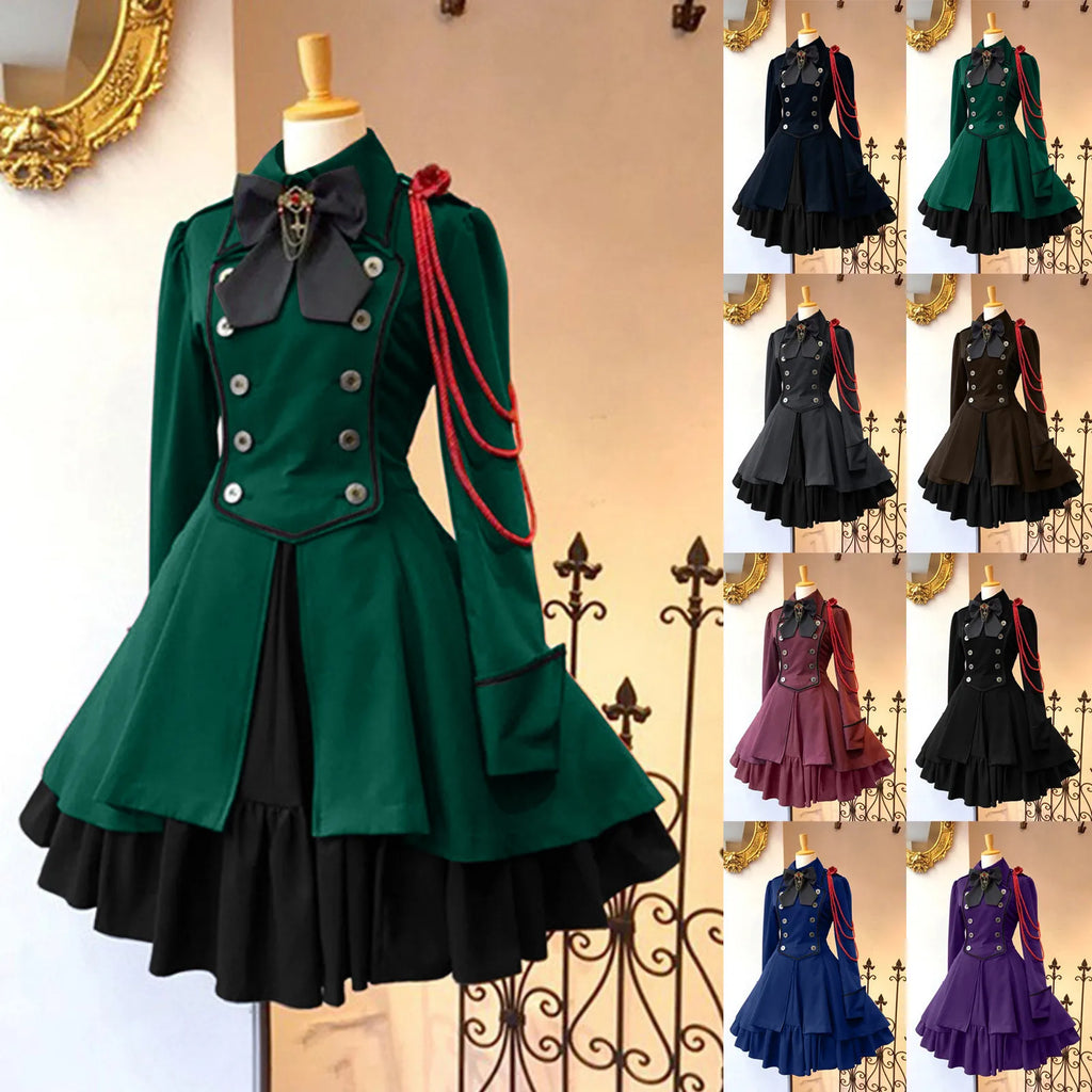 Medieval-Inspired Green and Black Flared Coat Dress with Decorative Bow and Brass-Tone Buttons