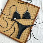 Sleek Black Triangle String Bikini with Metallic Rivet Hardware