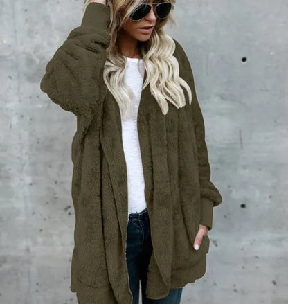 Women's Hooded Plush Fleece Cardigan Open Front Cozy Casual Layering Jacket