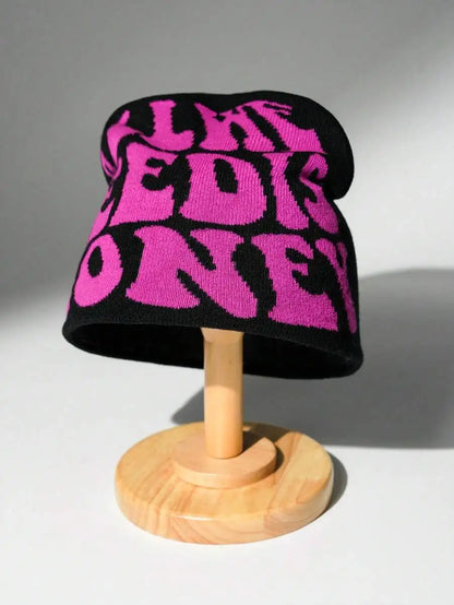 Typography Graphic Acrylic Knit Beanie for Contemporary Streetwear Winter Casual Everyday Fashion Style