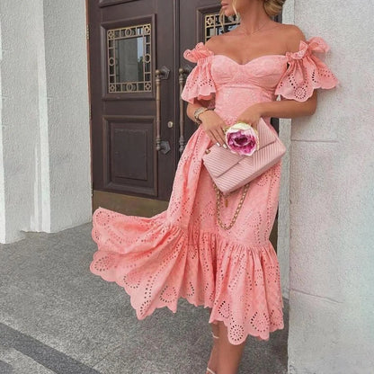 Romantic Off Shoulder Ruffle Trim Alternative Fashion Midi Dress