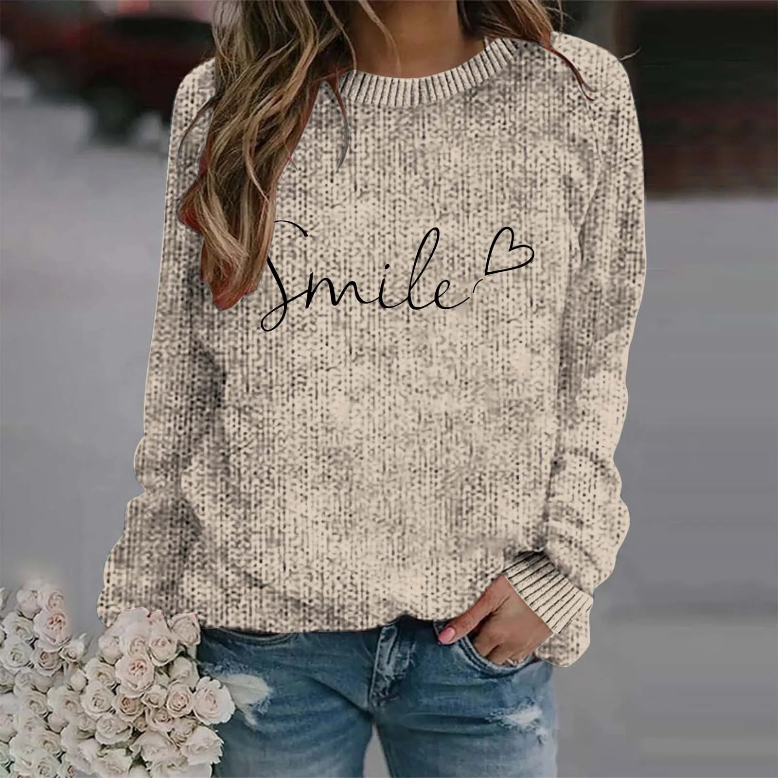 Women's Minimalist Script Graphic Crew Neck Relaxed Knit Pullover Sweater