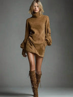 Turtleneck Lantern Sleeve Mini Dress with Relaxed Oversized Silhouette