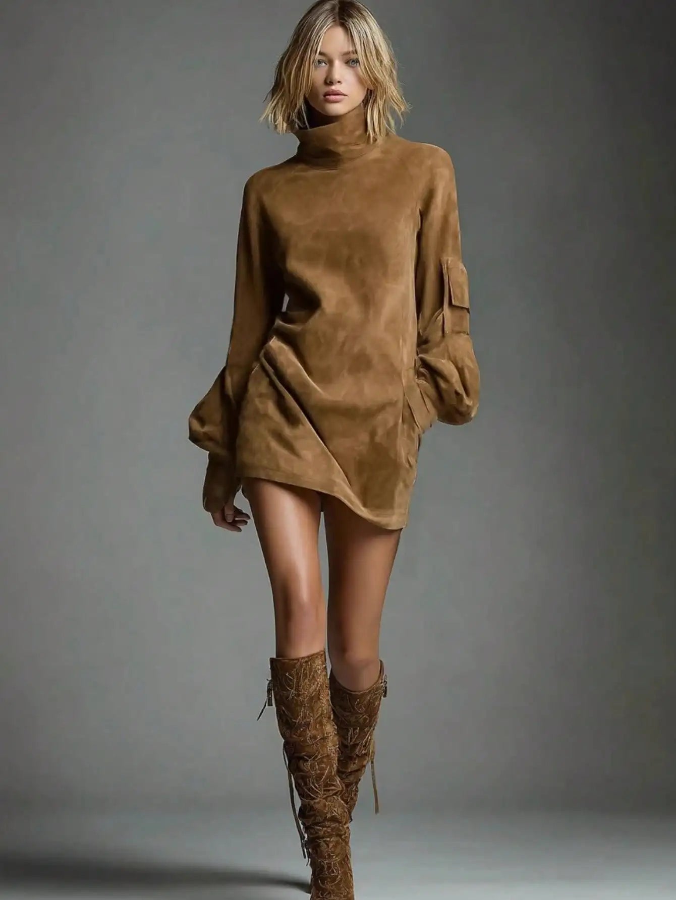 Turtleneck Lantern Sleeve Mini Dress with Relaxed Oversized Silhouette