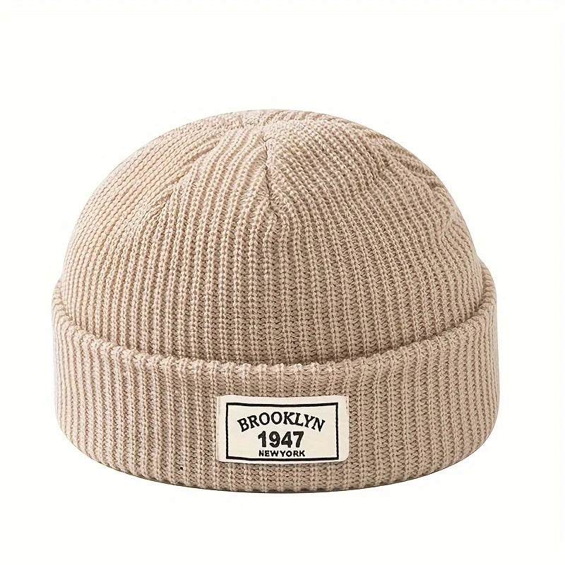 Ribbed Polyester Cuffed Knit Beanie with Woven Patch for Everyday Winter Streetwear Style