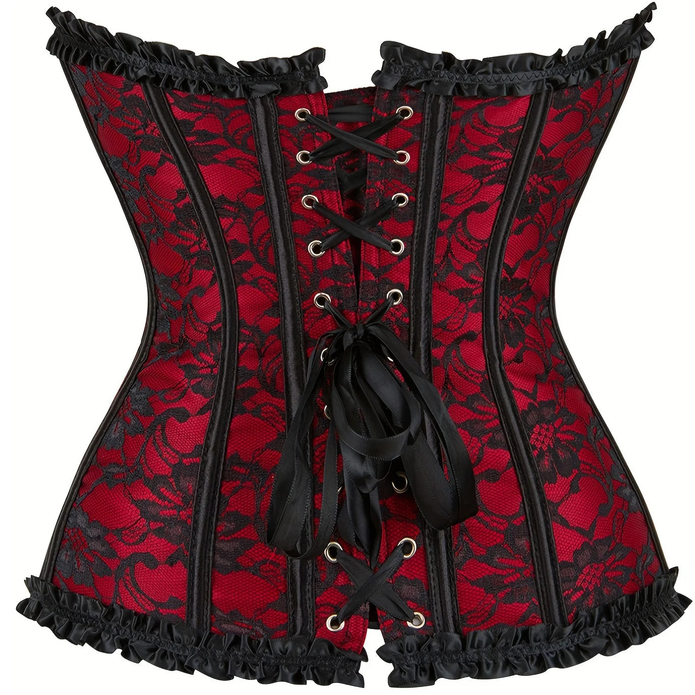 Lace Trim Overbust Corset with Bow Detail and Structured Shaping Panels