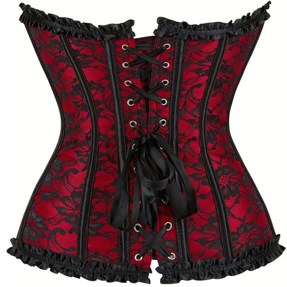 Lace Trim Overbust Corset with Bow Detail and Structured Shaping Panels