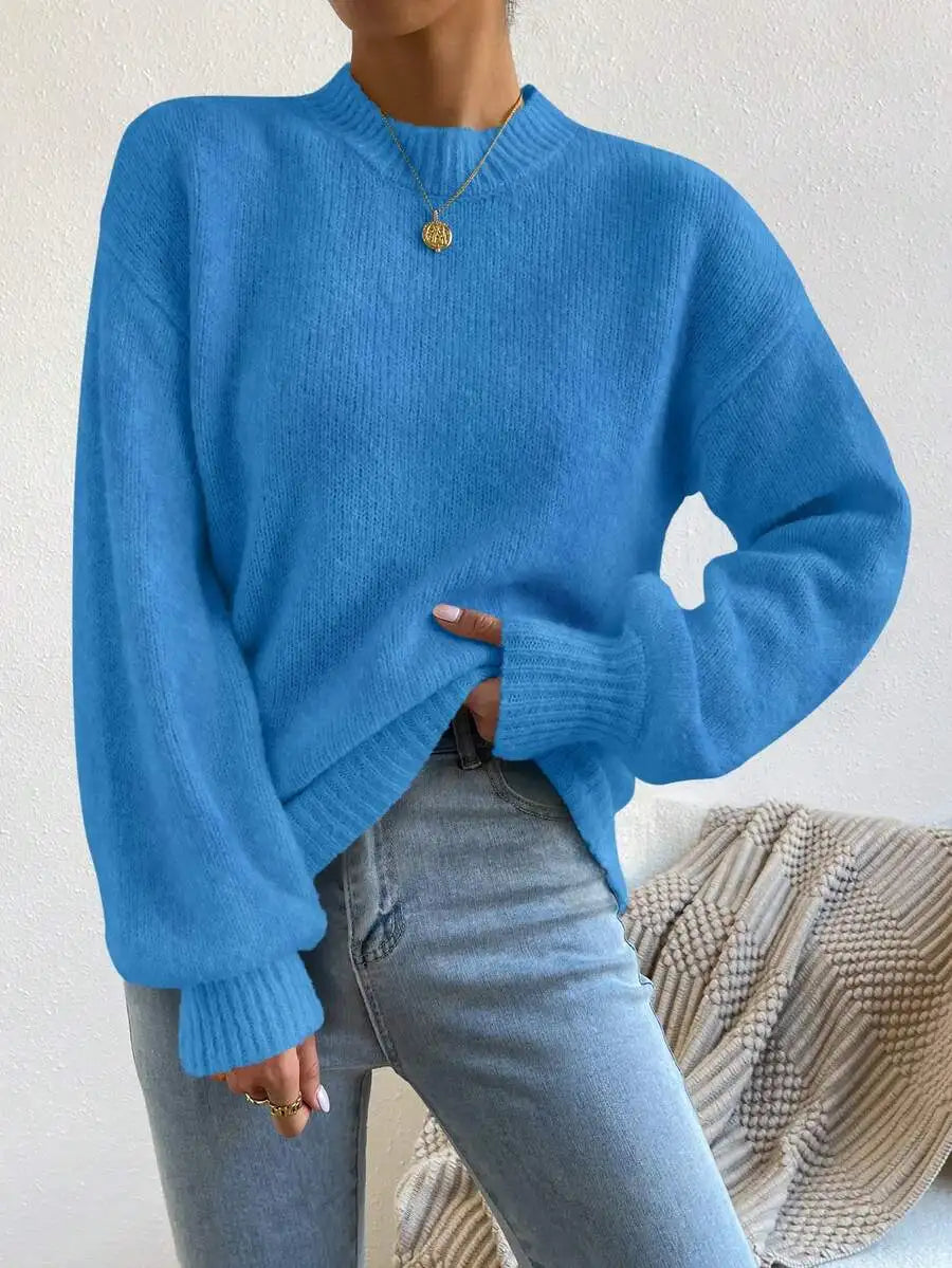 Women's Mock Neck Drop Shoulder Knit Sweater with Relaxed Oversized Silhouette