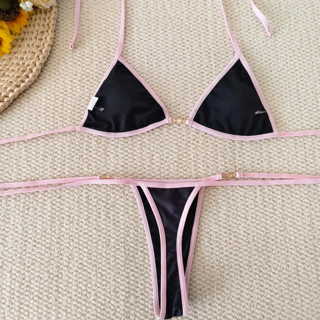 Black Triangle String Bikini with Blue Floral Print and White Contrast Binding