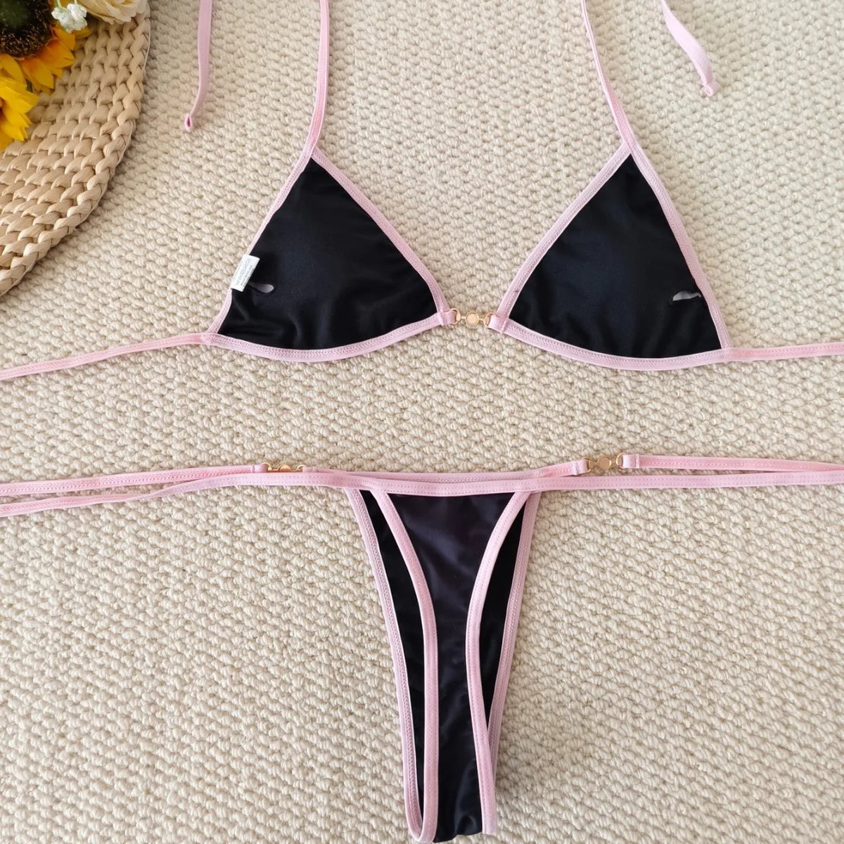 Black Triangle String Bikini with Blue Floral Print and White Contrast Binding