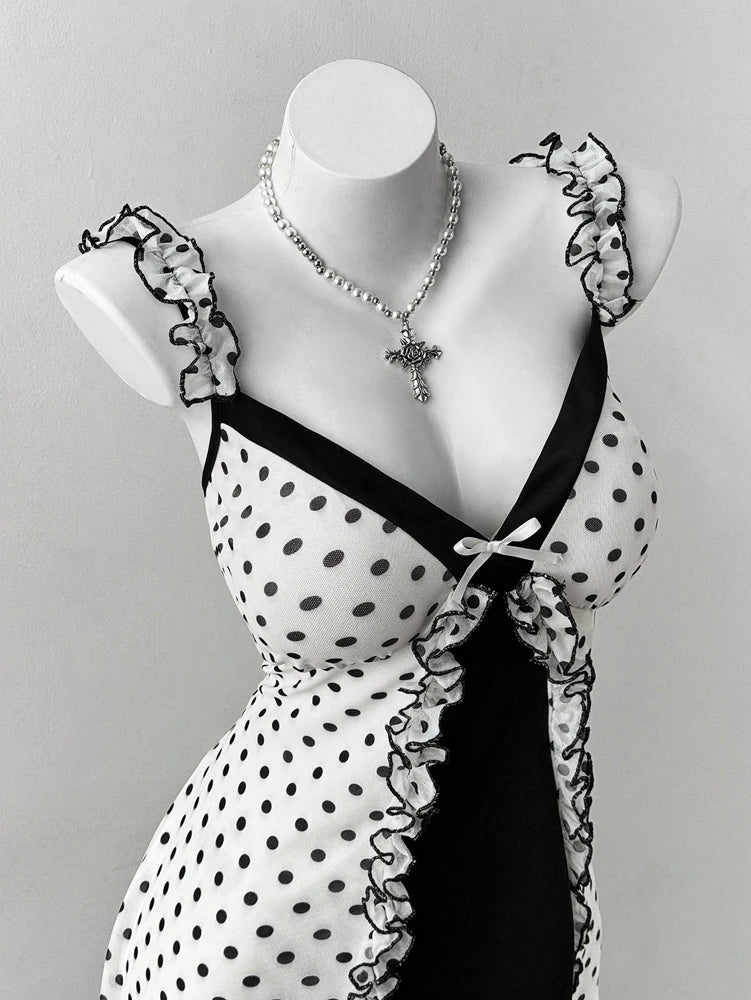 Vintage Polka Dot Gothic Mini Dress with Dark Coquette Aesthetic